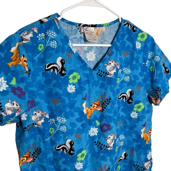 Disney Scrub Shirt Women's Medium Blue Bambi Short Sleeve V-Neck Tee Shirt - Picture 6 of 8